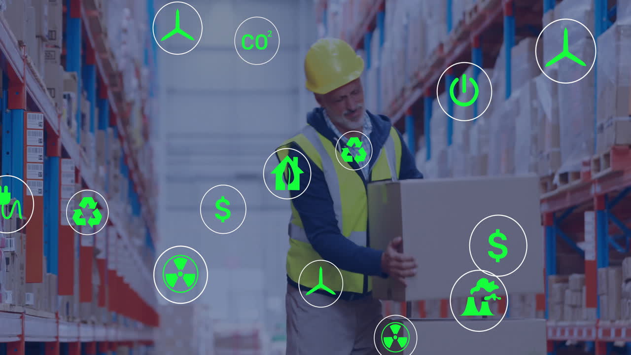 Organizing boxes, warehouse worker with animation of green energy icons overlay