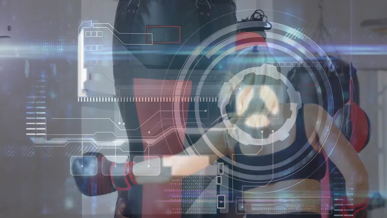 procesamiento de datos sobre boxeadora caucásica con entrenador masculino practicando sus golpes en el saco de boxeo