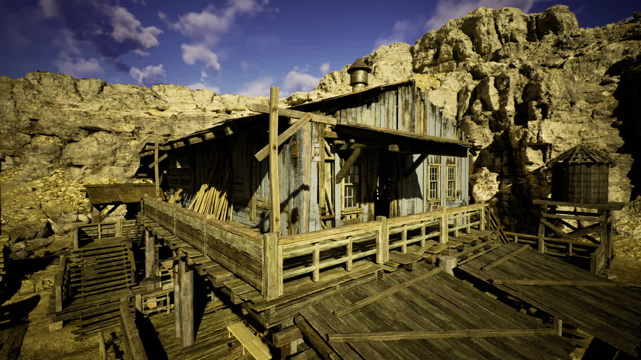 Old wooden building on rocky landscape with blue skies and clouds