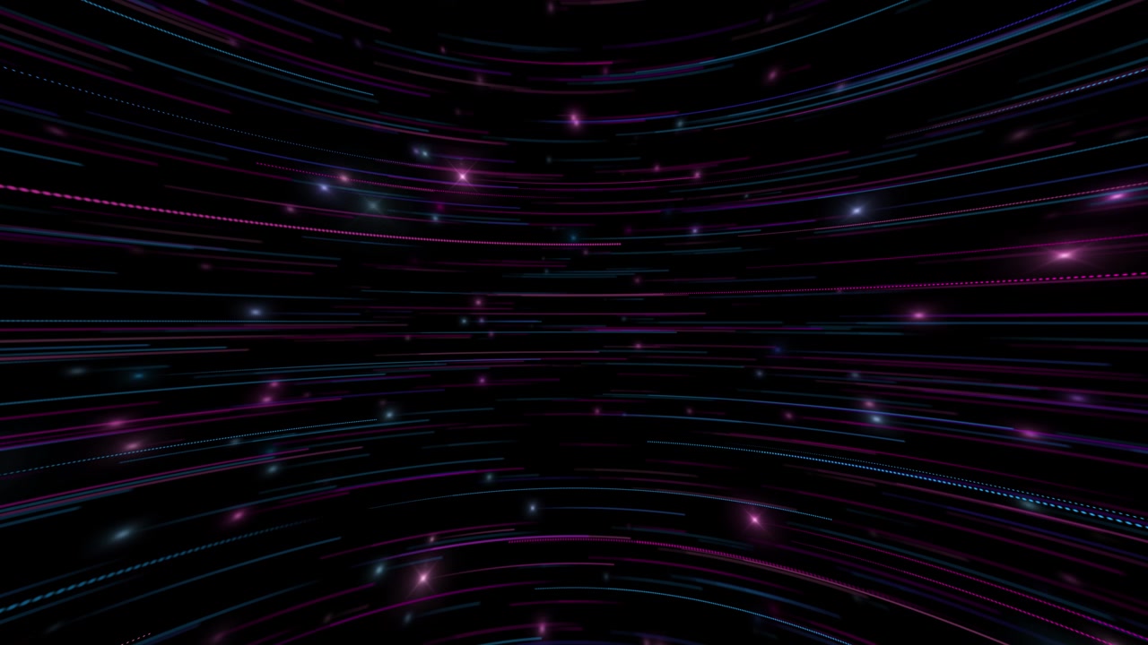 Curved magenta cyan light trails rush futuristic tunnel sparkling strong depth speed transitions