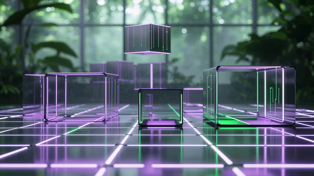 Green Glowing Cubes and Grid in a Futuristic Environment