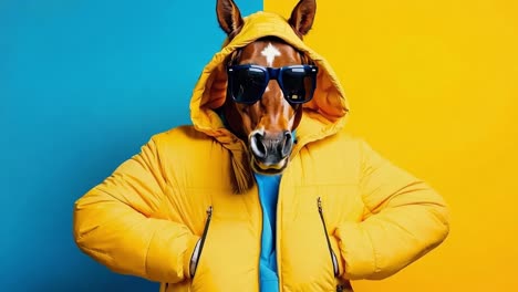 a horse wearing a yellow jacket and sunglasses