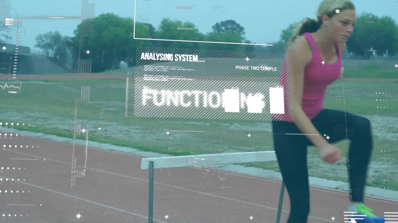 Data processing against female athlete jumping over hurdles