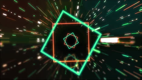 animación de cuadrados de neón verdes y naranjas y senderos de luz sobre fondo negro.