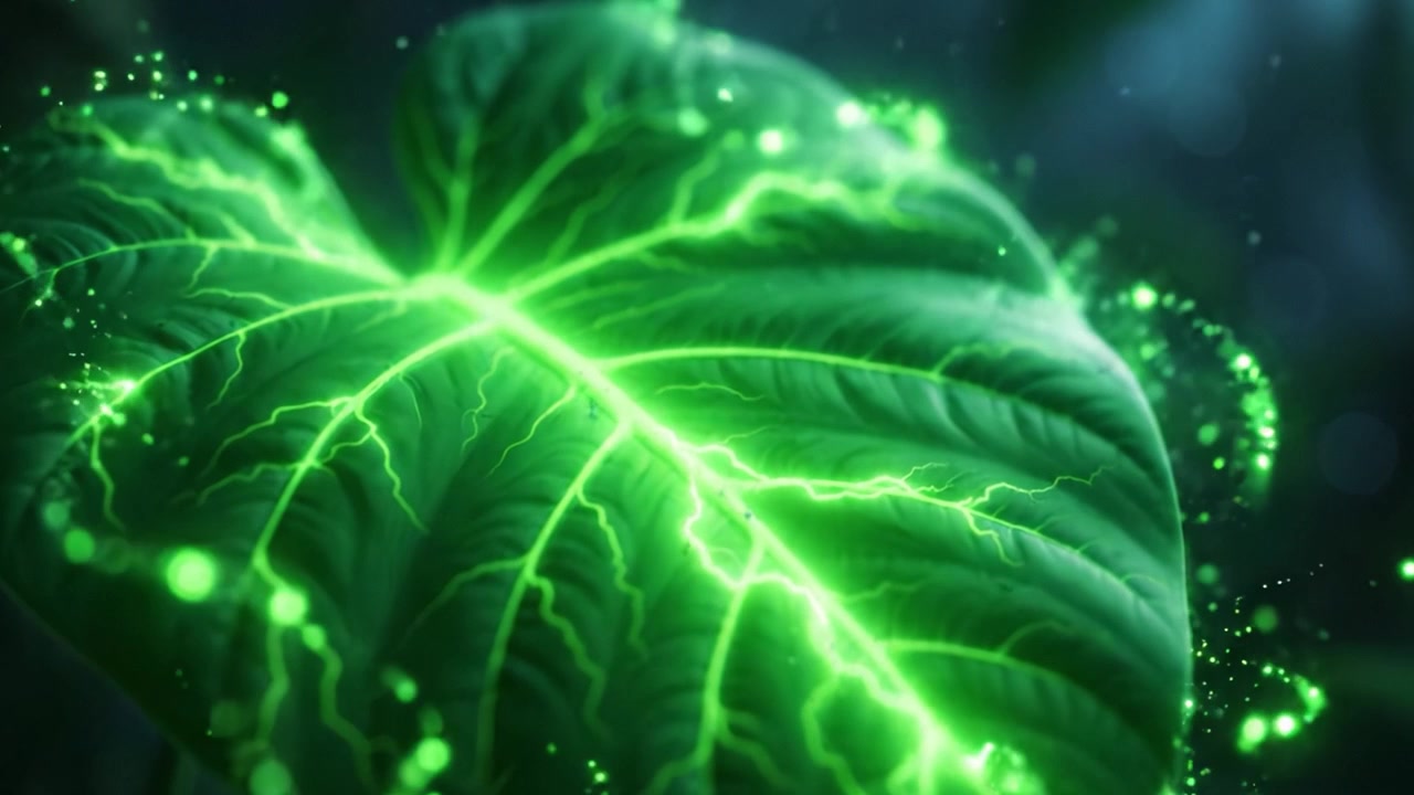 Hoja Iluminada con Venas Bioluminiscentes Brilla Intensamente en un Entorno de Bosque Encantado, Capturando la Belleza de las Maravillas de la Naturaleza