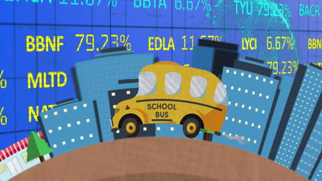 school bus animation over cityscape with stock market data in background