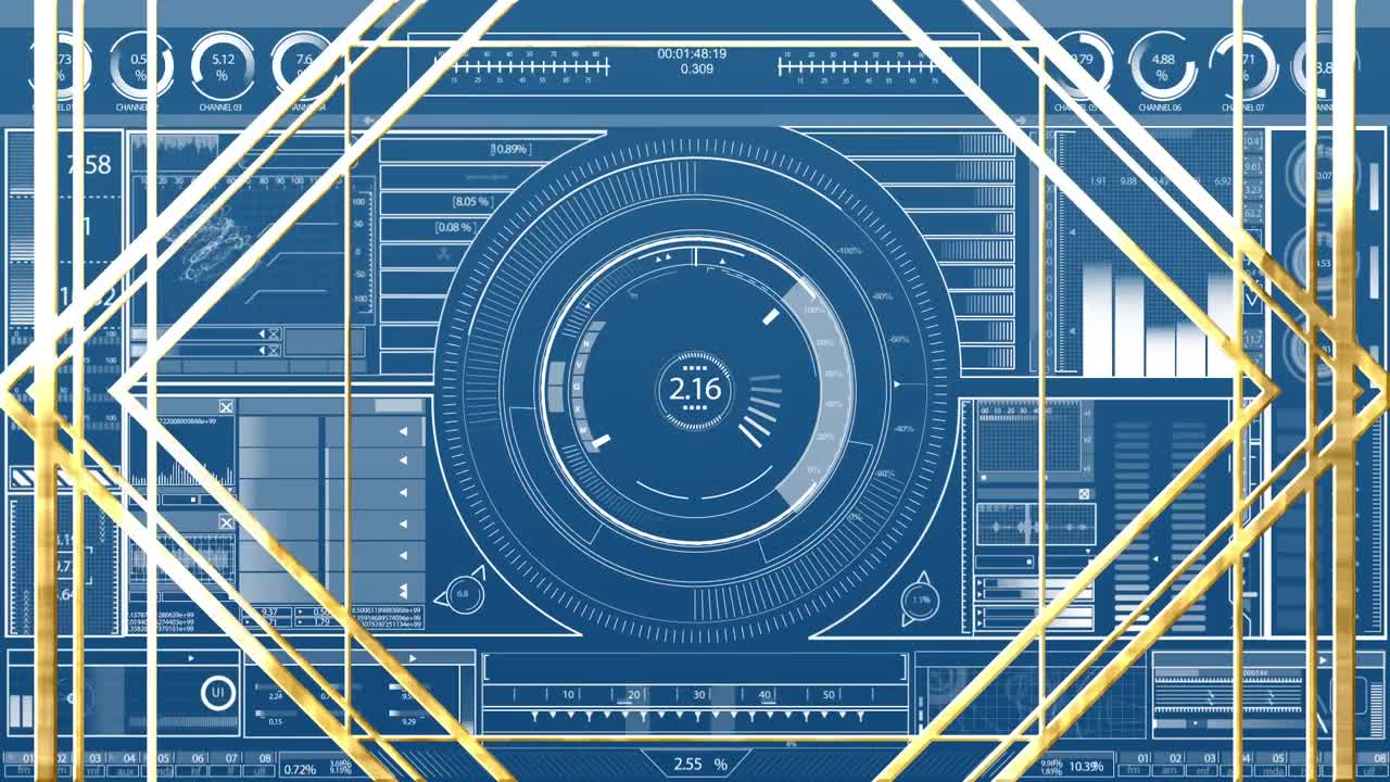 Animation of gold frame over data processing on blue background