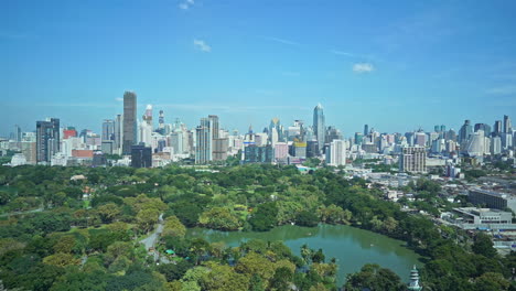 aerial view of bangkok thailand cityscape panorama on sunny day, skyscrapers and park oasis, full frame