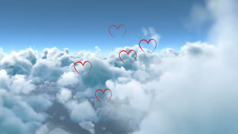 digital animation of follow like and heart icons increasing in numbers with sky background