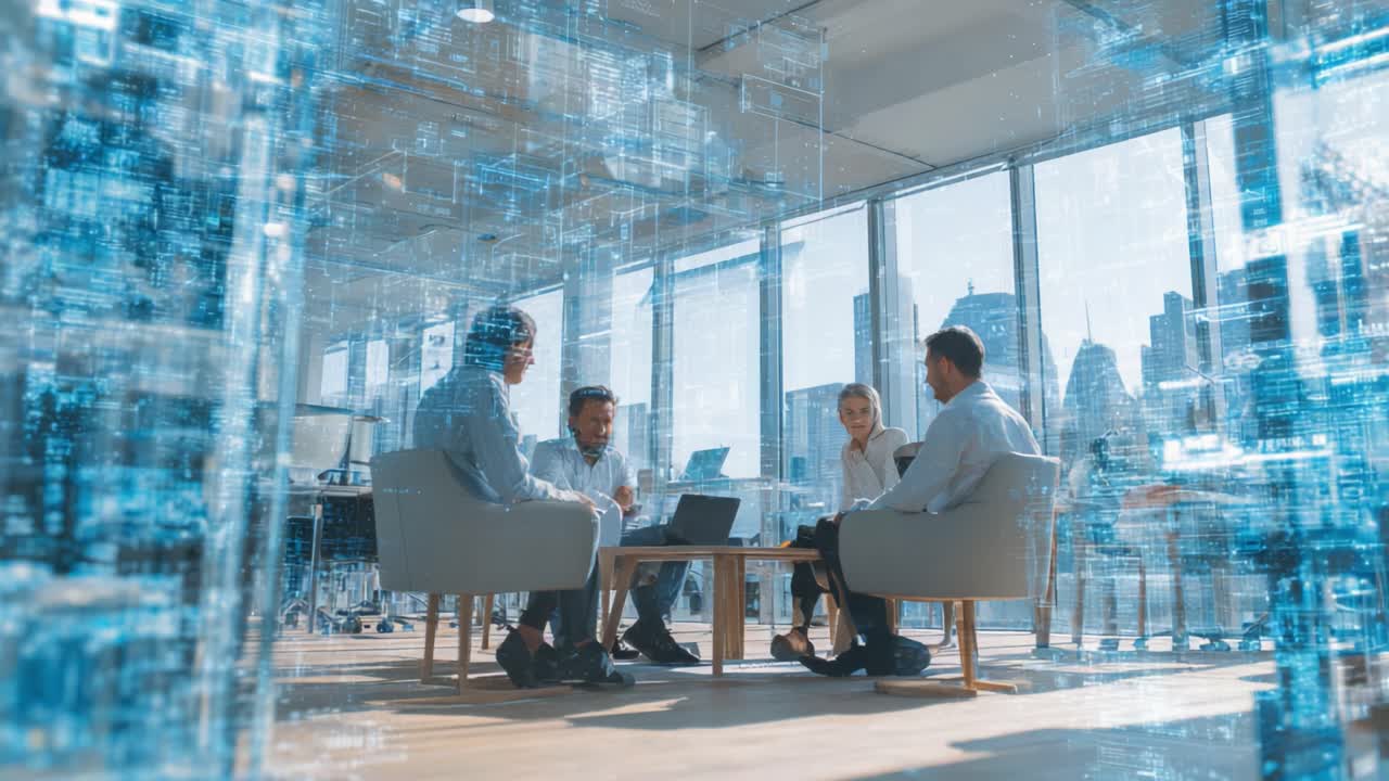 Engaging Business Meeting in a Modern Office with Technological Overlay Showcasing Data Collaboration and Team Interaction in a Bright Urban Setting