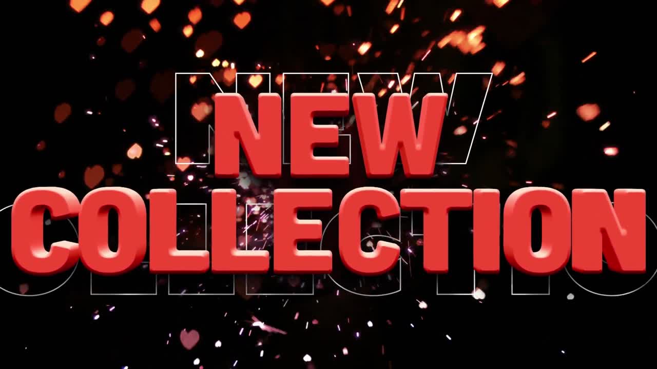 Animation of new collection text over glowing red hearts