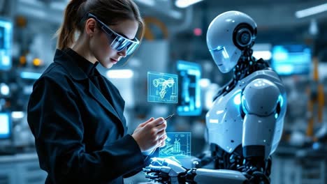 female engineer wearing protective glasses is focused on interacting with a sophisticated robot in a modern laboratory, showcasing advanced technology and innovation in robotics and engineering