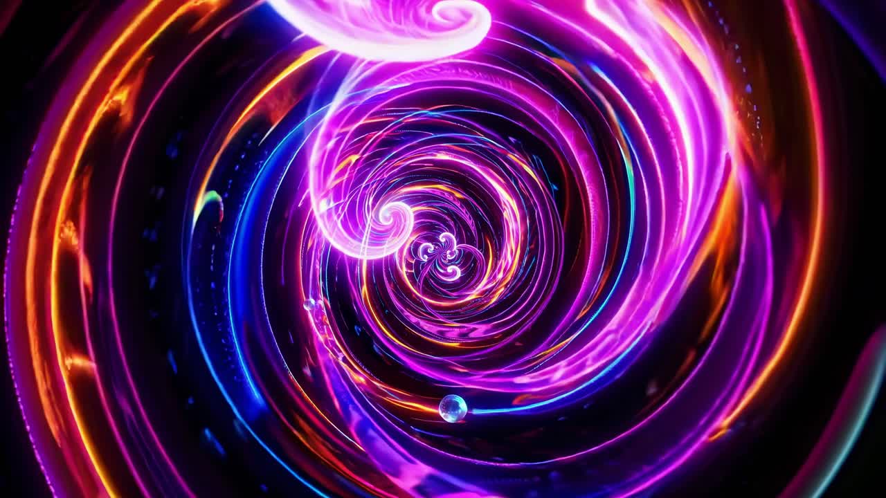 Bright neon lights swirling and forming a vibrant vortex, creating a sense of movement and energy, simulating a cosmic journey through space and time with colorful trails and glowing orbs