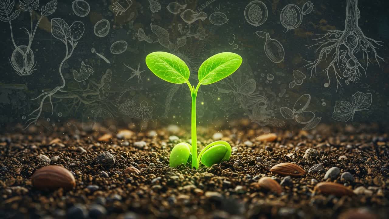 New plant growth emerges from dark soil with surroundings illuminated by soft light and botanical illustrations
