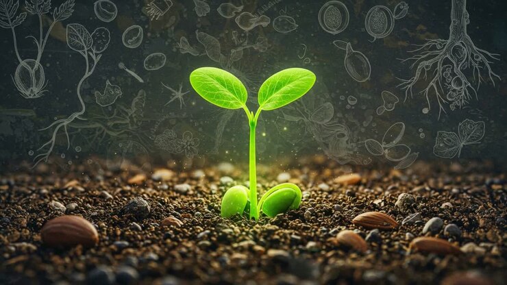 New plant growth emerges from dark soil with surroundings illuminated by soft light and botanical illustrations