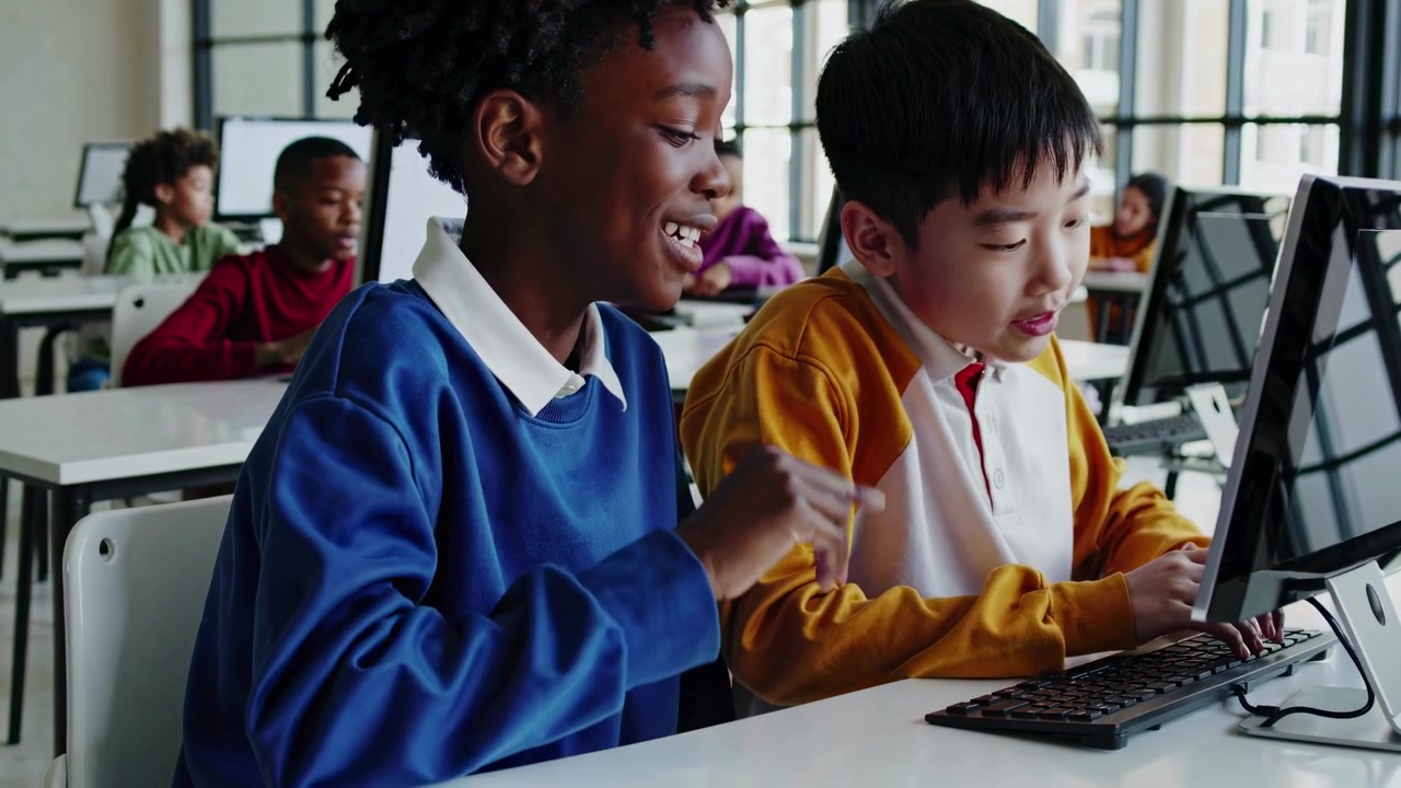 Diverse Students Collaborating on Computer in School Classroom