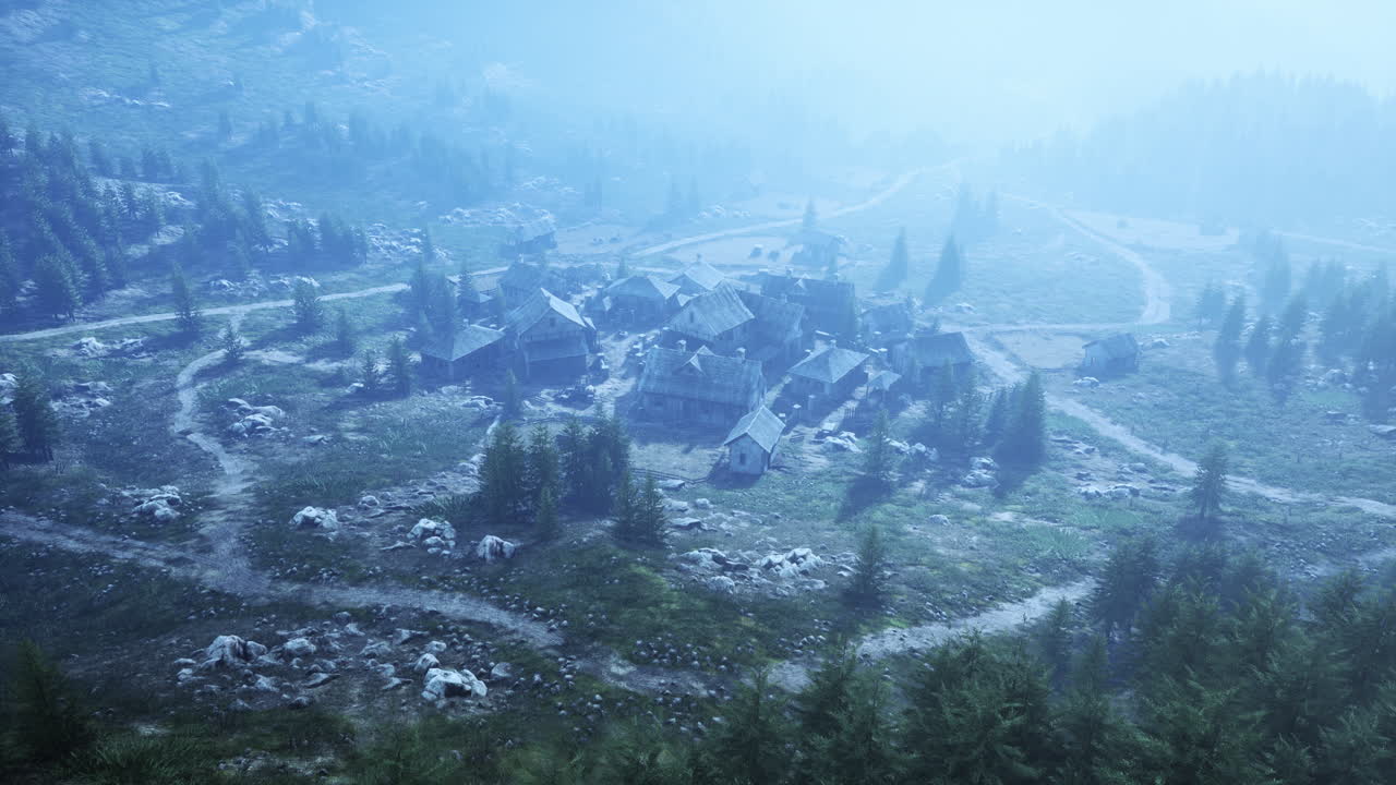 viejo pueblo de madera en el fondo de la montaña rocosa