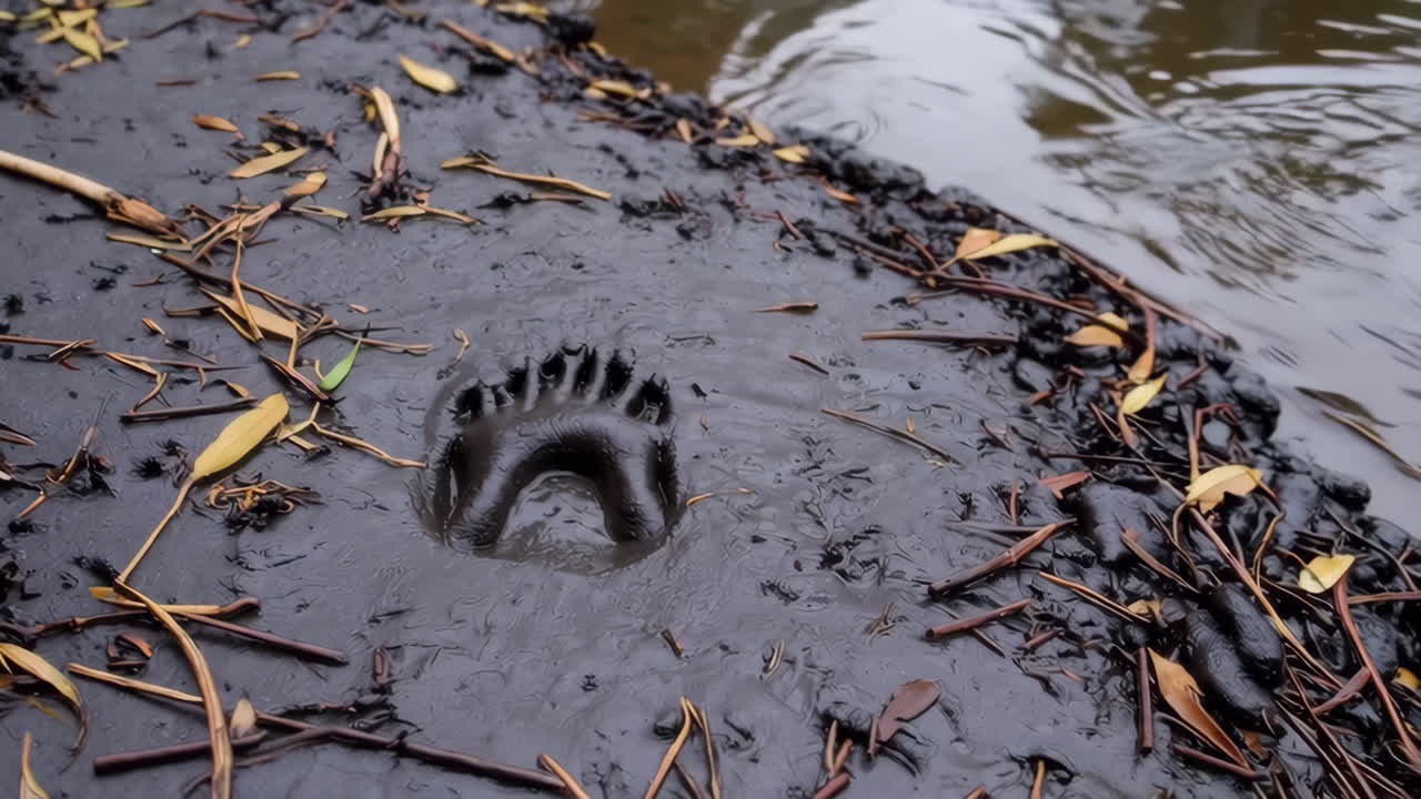 Impronta d'orso su sponda fangosa di fiume