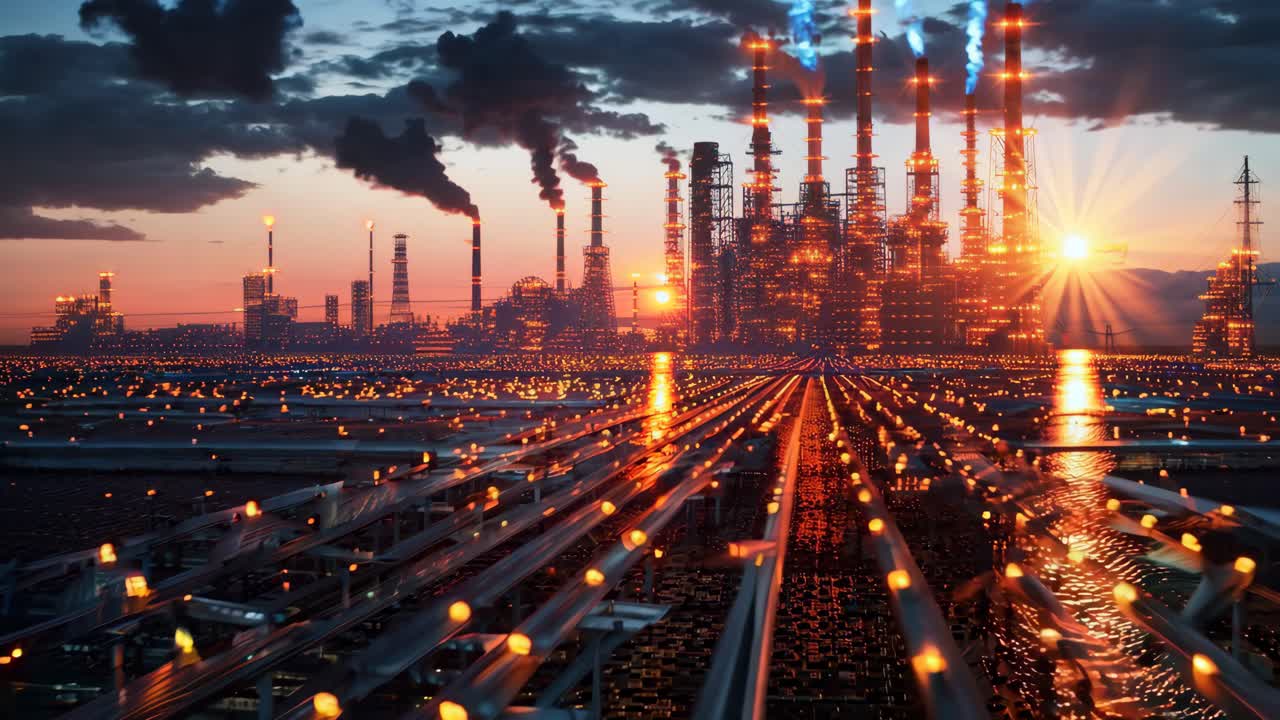 A city skyline with a large industrial plant in the background. The sky is dark and cloudy, and the sun is setting