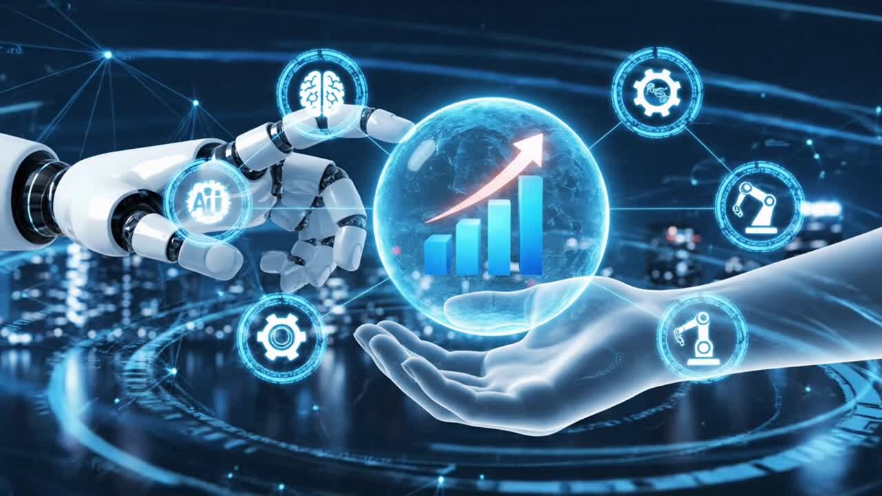 A robot and human hand collaborating to show business growth with AI
