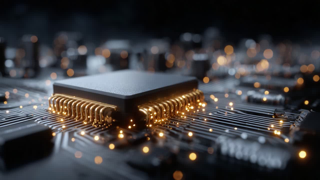 A Close-Up View of a Computer Microchip with Glowing Lights on a Circuit Board, Showcasing the Intricate Design and Technology of Modern Electronics