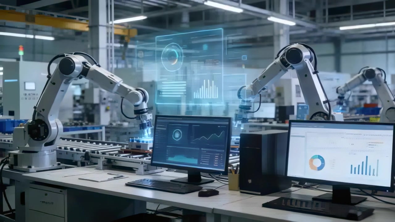 Blue glow activating robotic arms moving over conveyor, monitors, holographic UI updating analytics