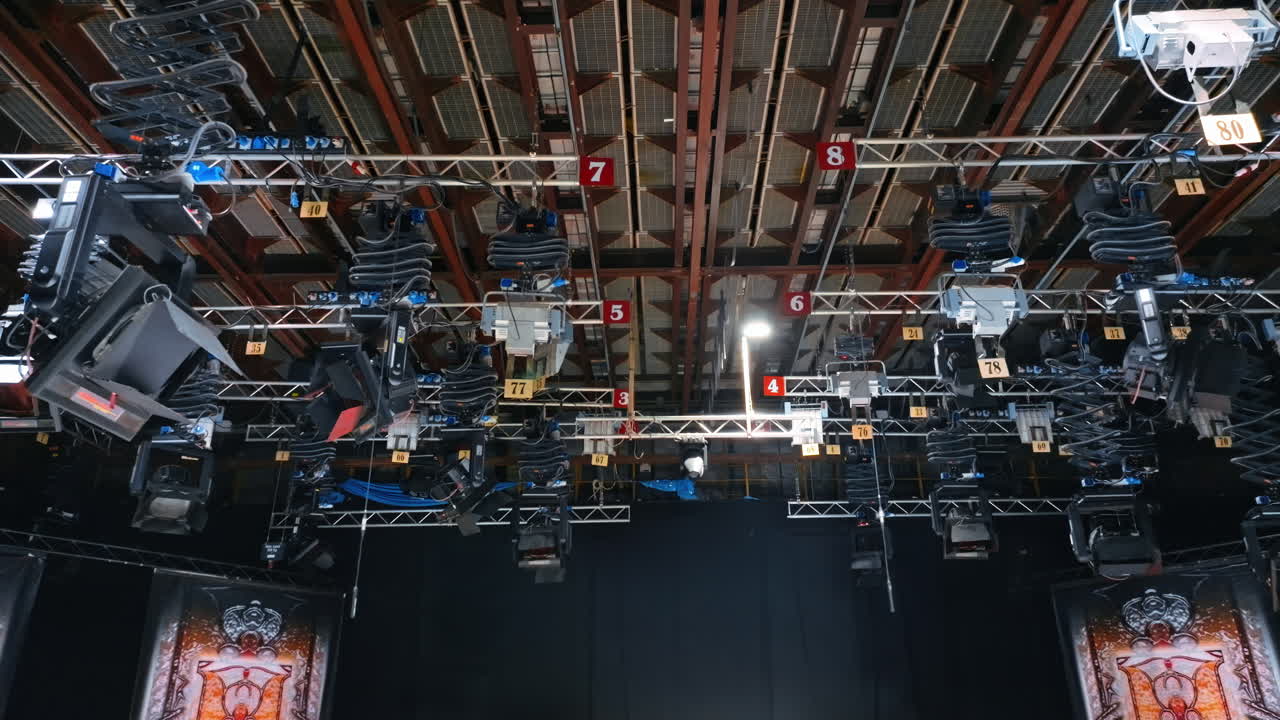 Studio lights equipment on the ceiling of a TV set