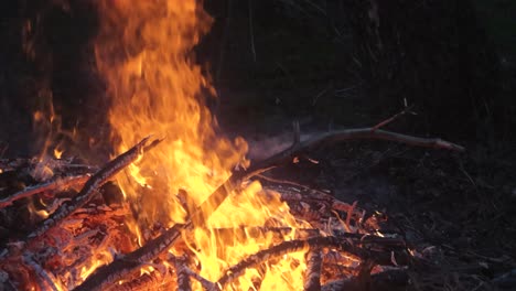 gorgeous footage of a bonfire or a campfire or a large vibrant orange yellow fire burning during night time or dusk at a forest with sparks flying and hot embers glowing in the hot gray or grey ashes.