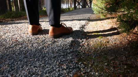 person standing on a gravel path in a forest