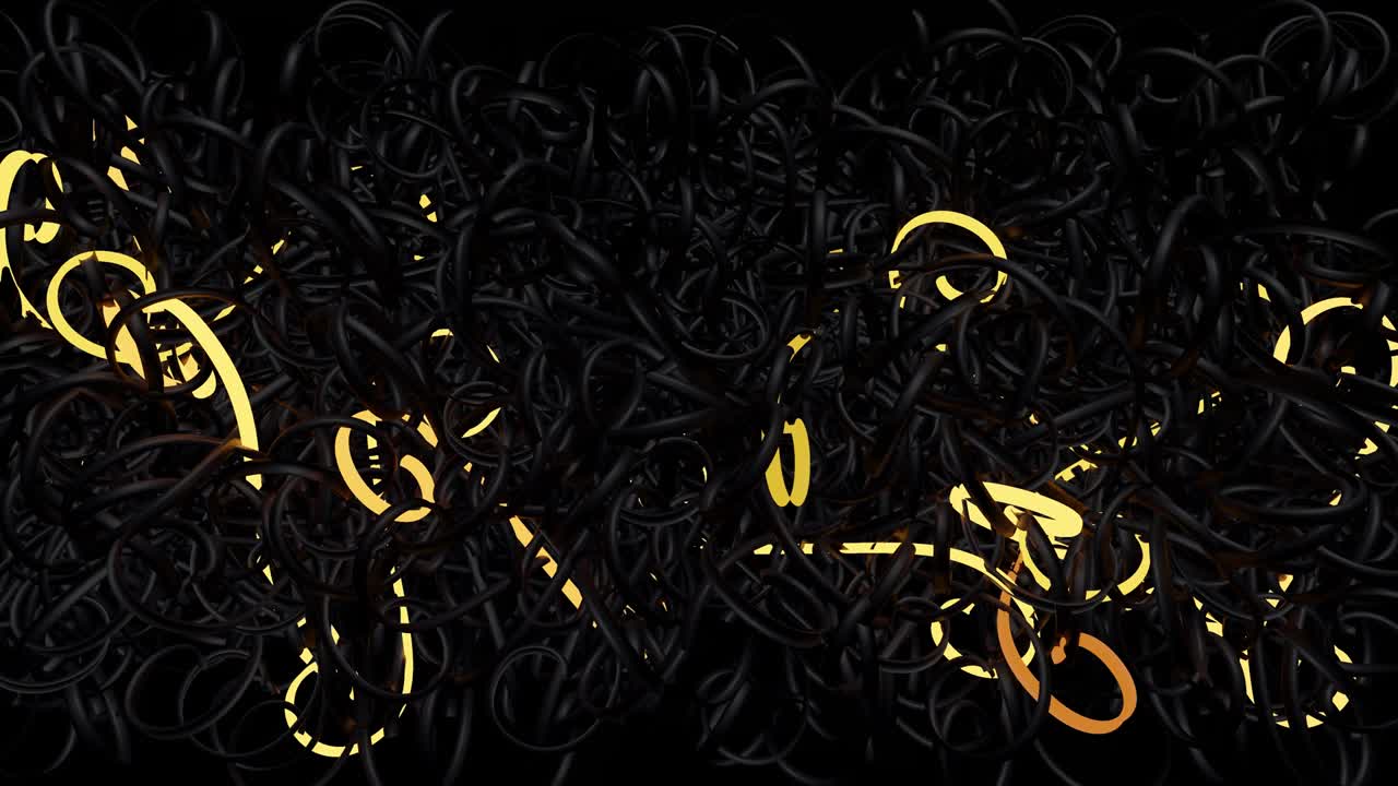 Sfondo astratto 3D in loop con luce al neon, flash multicolori di lampadine dalle forme insolite. Linee curve lampeggiano luminose nel buio. Sfondo di motion design VJ loop