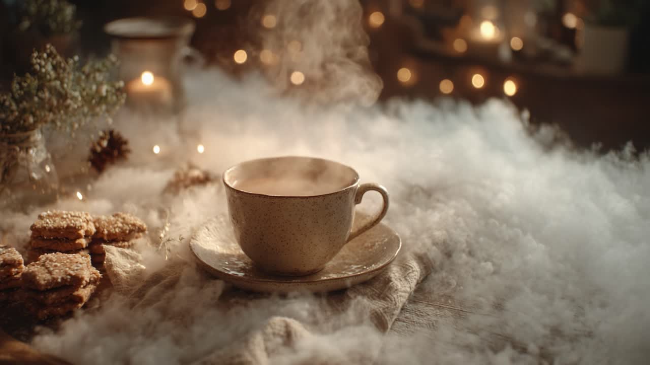 A Cozy and Inviting Scene Featuring a Steaming Cup of Hot Beverage Surrounded by Soft Fog, Delicious Treats, and Warm Ambient Lighting for a Tranquil Atmosphere