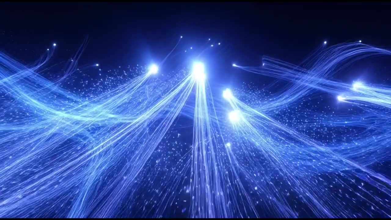Abstract Blue Light Trails and Glowing Particles Flowing in Dark Space