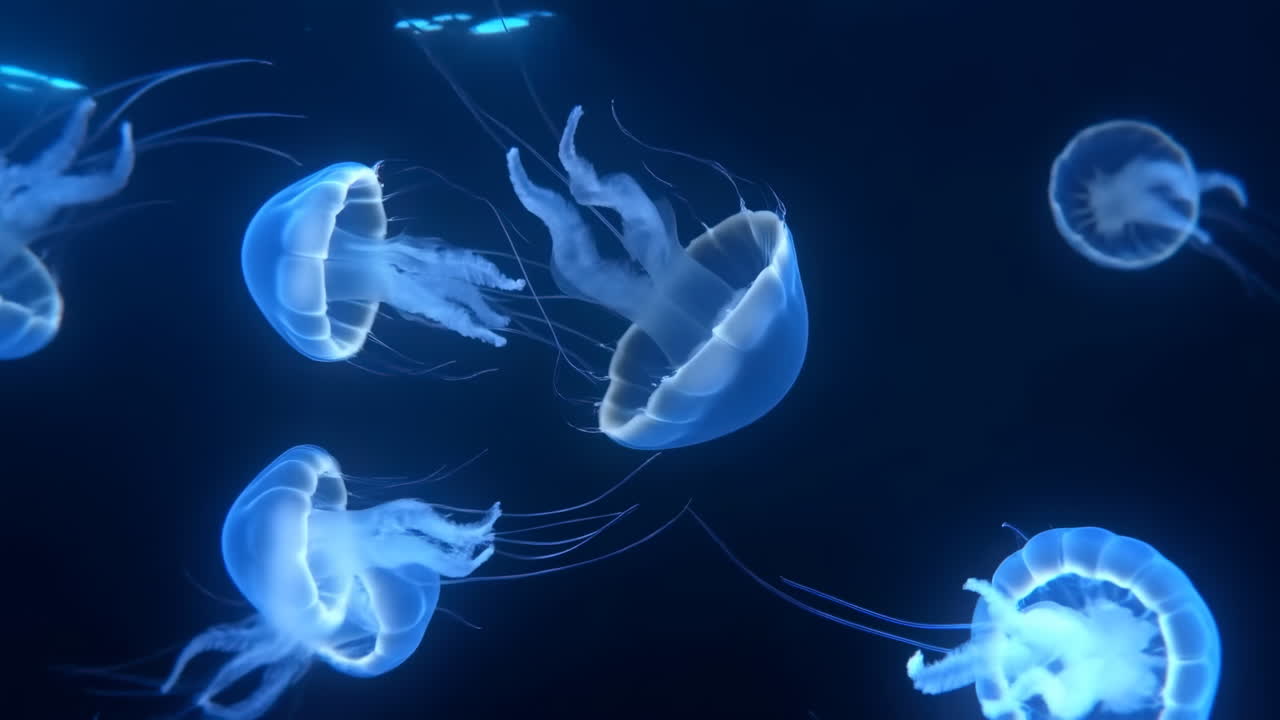 Meduse bioluminescenti che fluttuano attraverso l'acqua blu profonda, campane traslucide che pulsano e tentacoli strascicanti che scorrono