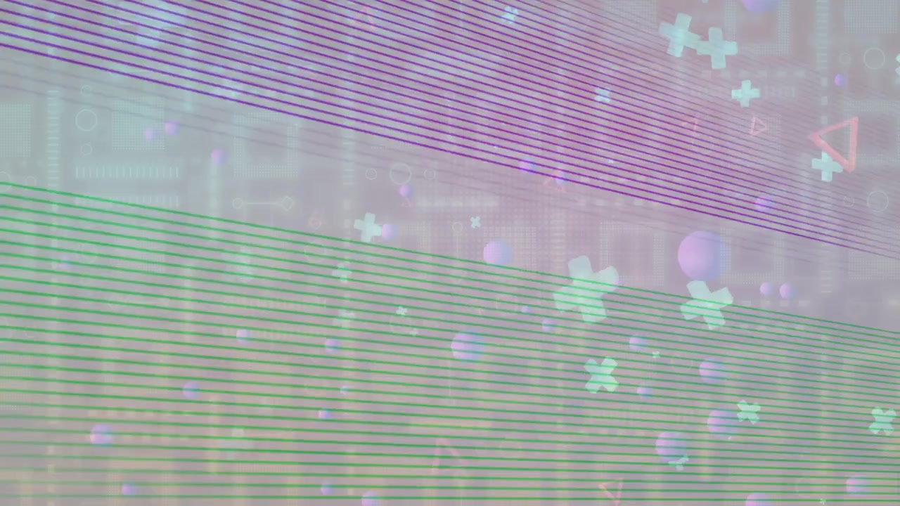 Abstract animation looping as slanted bands entering, causing spheres shifting right for parallax