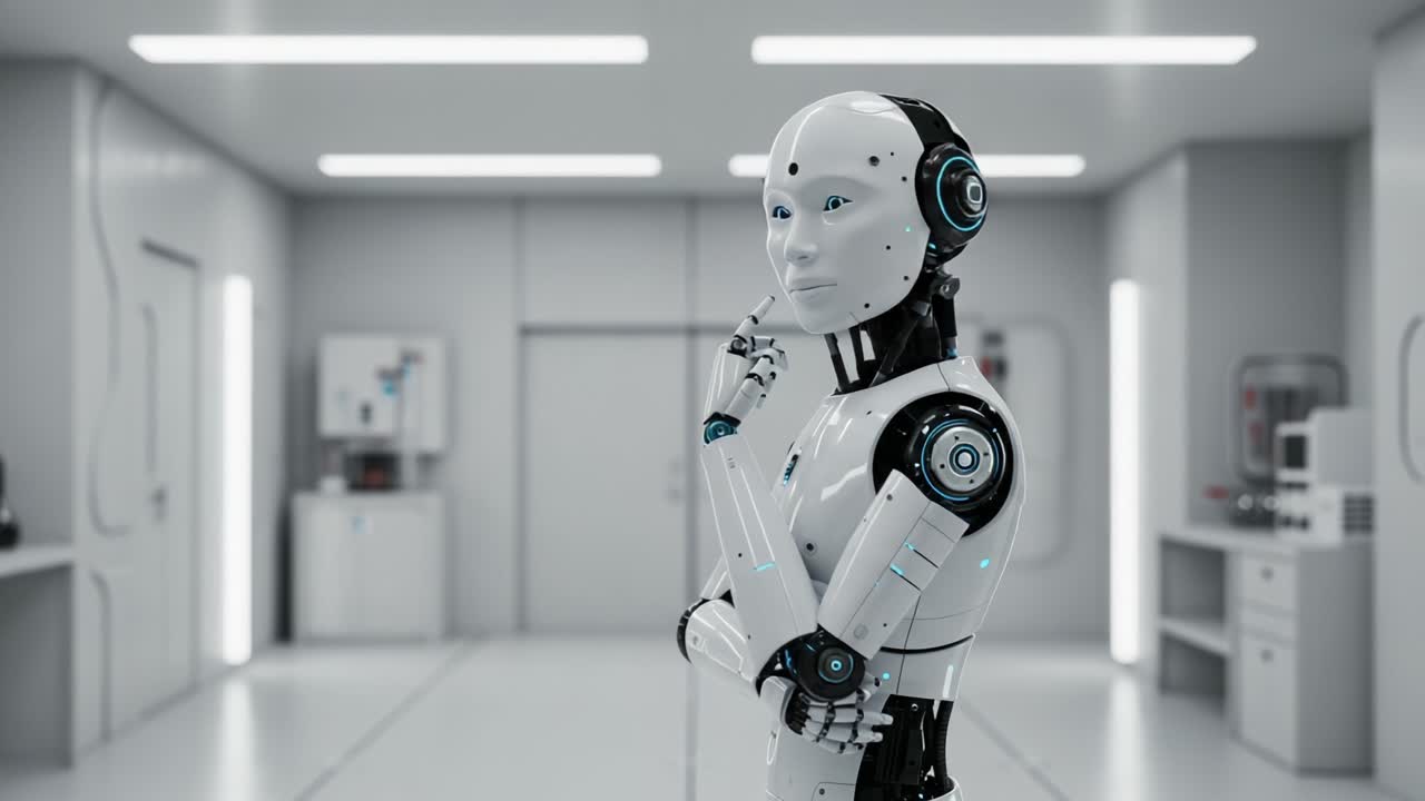 An Advanced Humanoid Robot in a Modern Laboratory, Displaying Intelligent Processing and Communication As It Engages in Thoughtful Reflection on Its Surroundings