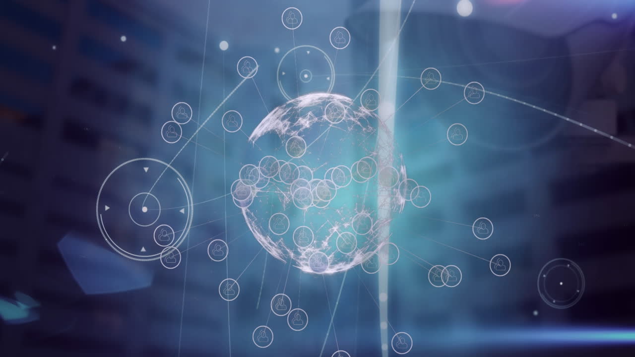 전 세계의 아이콘의 애니메이션과 배경의 건물 위에 연결된 점