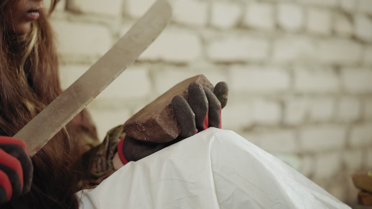 사냥꾼이 장갑을 낀 손으로 거친 돌 위에서 녹슨 마체테를 갈고 있어요. 금속 날을 누른 채 벽돌 벽에 몸을 기대고 있으며 생존에 대한 투박한 분위기를 연출해요.