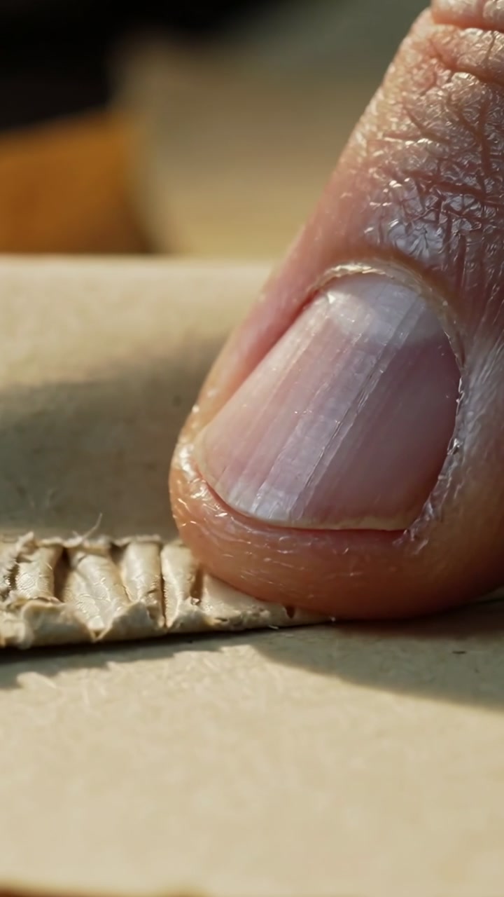 Vertical video: Approaching adult thumb pressing along cardboard seam on bench, flattening ridges