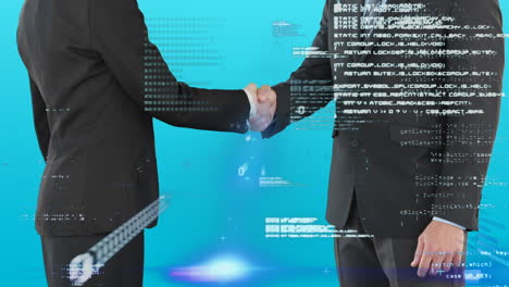 data processing over mid section of businessman and businesswoman shaking hands