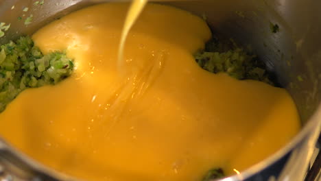 closeup, adding vegan nacho cheese to blended onion and jalapeno pepper in pot