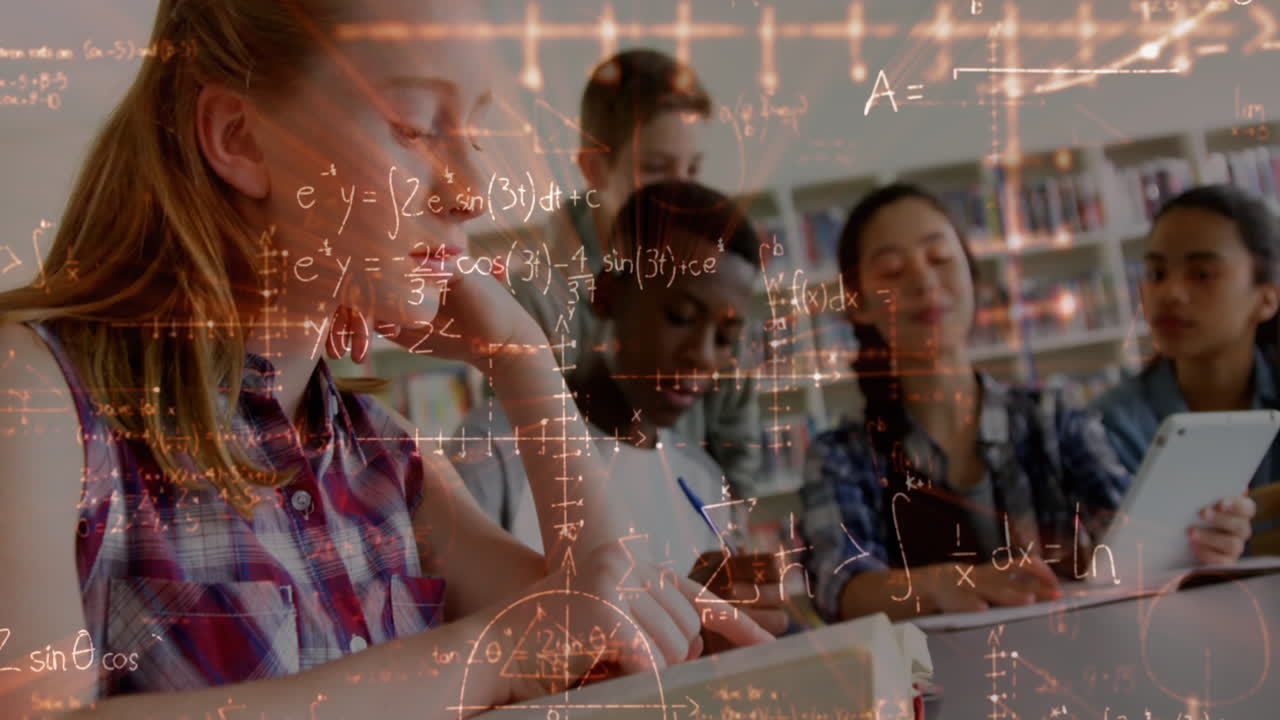animación de ecuaciones matemáticas sobre niños en edad escolar usando tableta en el aula
