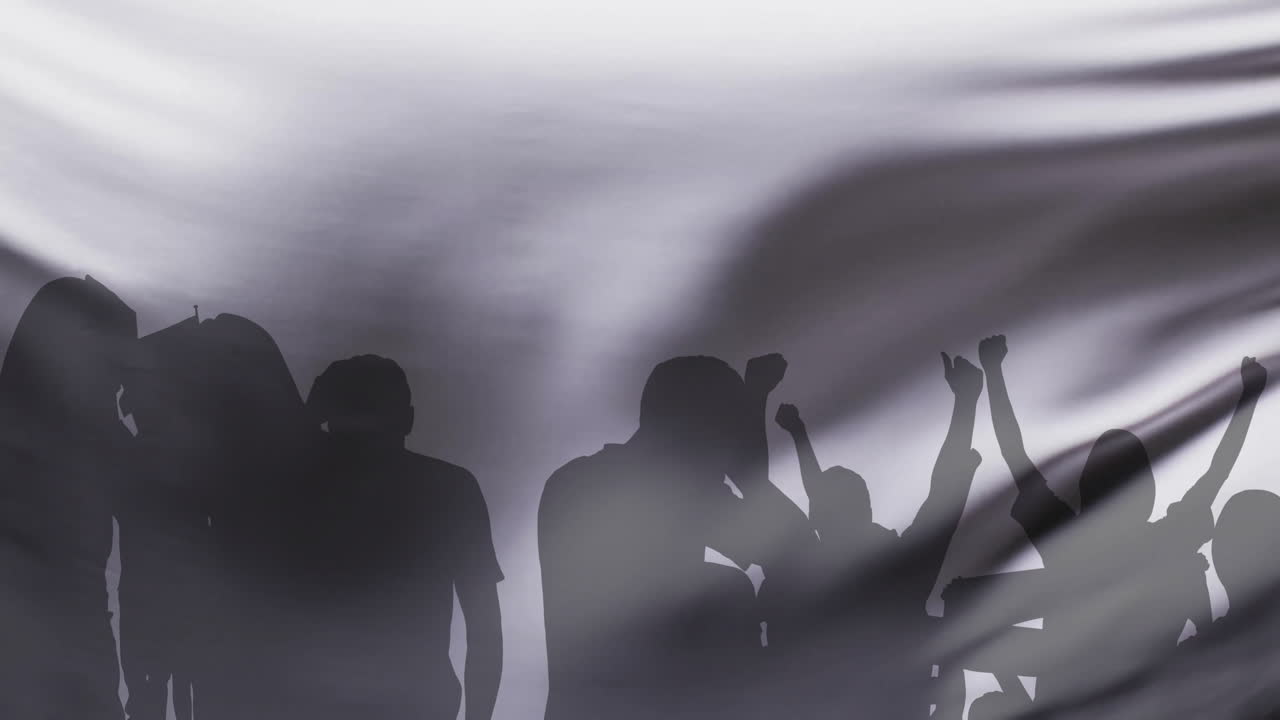 사회적 거리를 지키는 텍스트와 함께 점프하고 떠다니는 옷의 사람들의 실루의 애니메이션