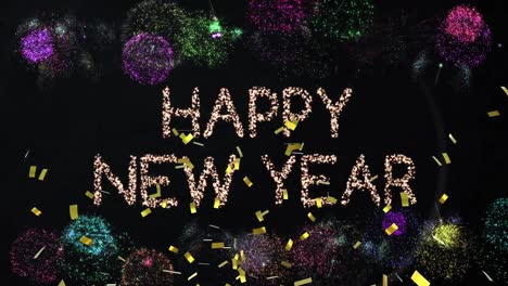 Animation-of-happy-new-year-text-greeting-with-confetti-falling-over-fireworks-exploding