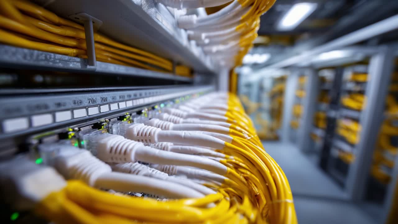 Network Cabling Infrastructure: A Close-Up Look at Bright Yellow Ethernet Cables in a Modern Data Center with Equipment and Connectivity Components