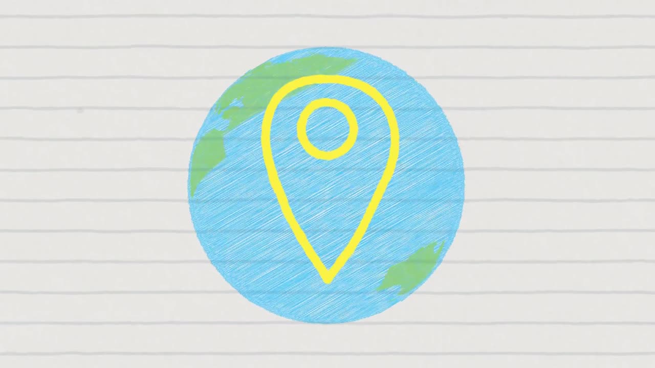 animación de la ubicación amarilla rosa en globo azul en papel rayado