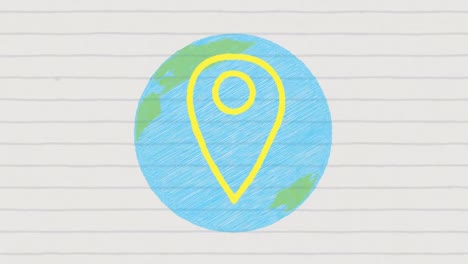 Animation-of-yellow-location-pink-on-blue-globe-on-ruled-paper
