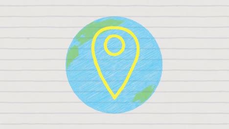 Animation of yellow location pink on blue globe on ruled paper
