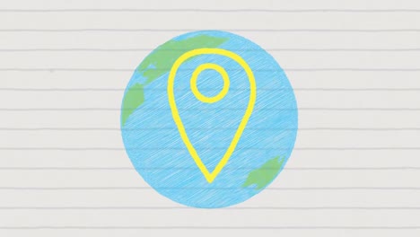 animation of yellow location pink on blue globe on ruled paper