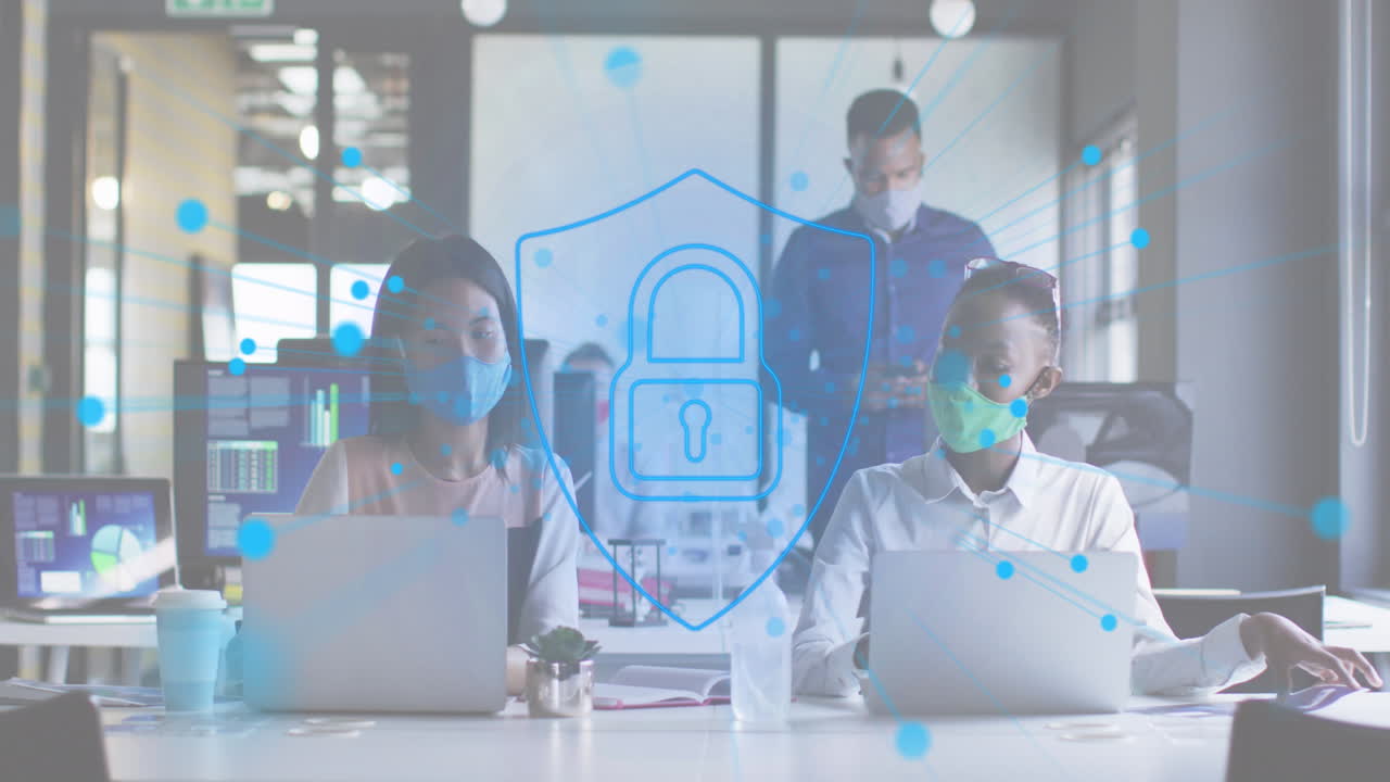 Animation of digital padlock over diverse business people with face masks in office