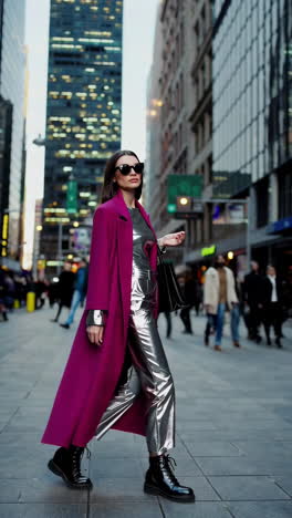 woman in magenta coat and metallic silver outfit on city street